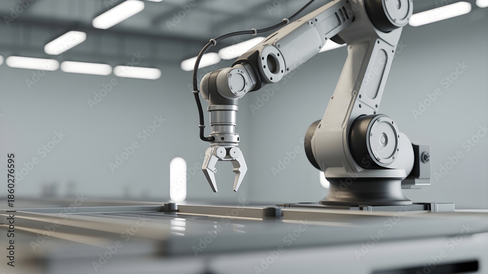 Obraz premium Articulated robotic arm operating over manufacturing line, representing industrial robotics, automation, precision and factory digitization.