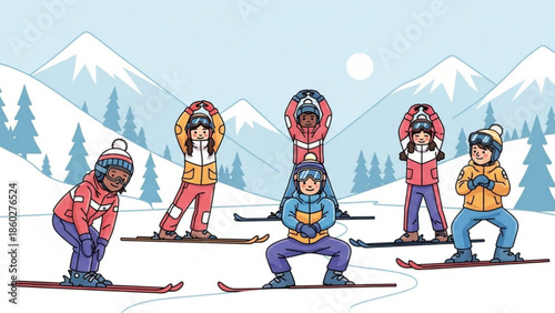 Children in ski gear doing yoga poses on a snowy mountain slope representing winter sports and healthy outdoor activity perfect for seasonal promotions