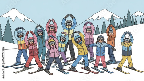 Group of skiers in colorful ski suits and goggles performing yoga poses on a snowy mountain slope representing winter sports and healthy lifestyle