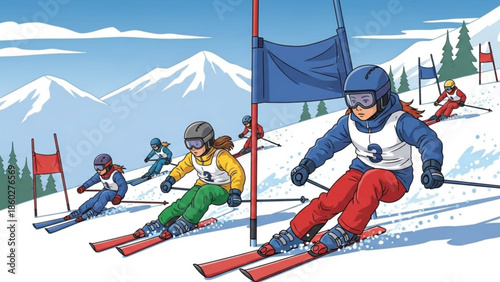 Children skiing down a snowy mountain slope during a race with flags and gates marking the course illustrating winter sports and competition