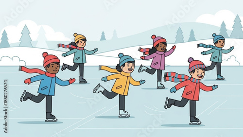 Diverse group of children ice skating on a frozen pond enjoying winter outdoor activity flat vector illustration for seasonal concepts