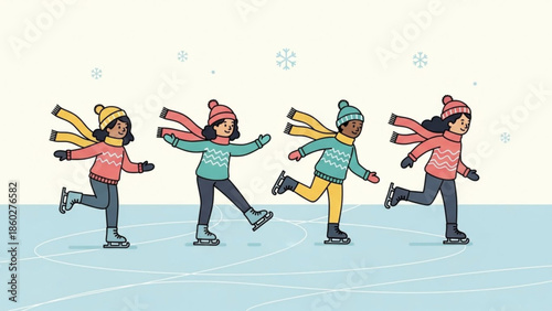 Diverse group of children ice skating together enjoying winter outdoor activity flat vector illustration for seasonal graphics and design