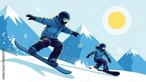 Two snowboarders descending a snowy mountain slope under a bright sun depicting winter sports and outdoor recreation perfect for travel and lifestyle concepts