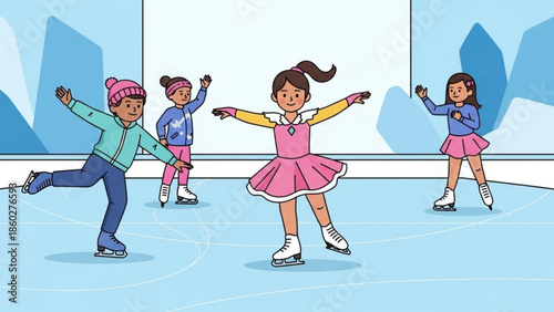 Children ice skating together on a rink enjoying winter sport and outdoor activity with a stylized ice background