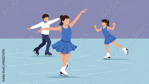 Children figure skating on ice rink performing graceful moves illustration for sports and winter activity concepts