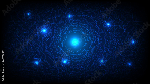 Futuristic blue energy tunnel with glowing particles and flowing wave lines, symbolizing technology, data flow and digital network