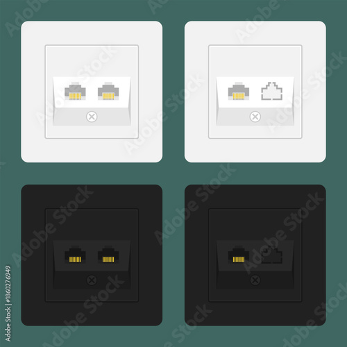 Ethernet wall sockets set. RJ45 data outlets in white and black color variations. Vector illustration for networking diagrams, smart home wiring guides, marketing materials, visualizations