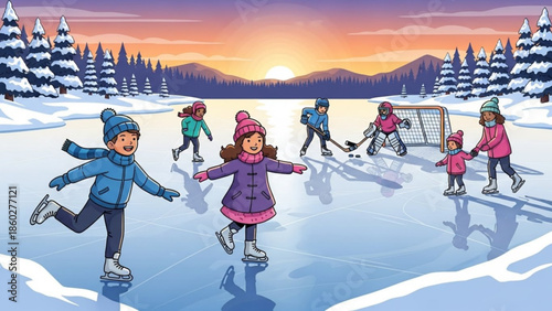 Children ice skating and playing hockey on a frozen lake at sunset winter outdoor activity family fun and recreation