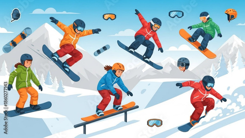 Diverse group of snowboarders performing tricks on snowy mountains flat vector illustration for winter sports and active lifestyle concepts