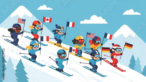 Diverse group of cartoon skiers from different countries racing down a snowy mountain representing international winter sports competition and teamwork