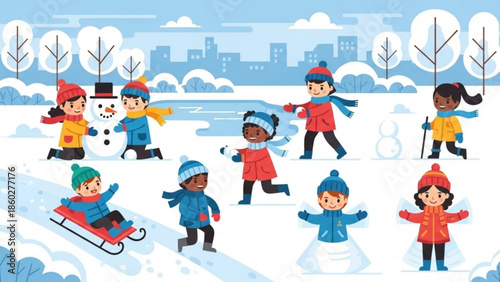 Children playing in the snow building a snowman and sledding winter outdoor activity illustration for holiday and seasonal concepts