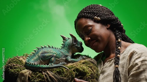 African American Woman with Braids Interacting with a Baby Dragon on a Nest Against a Green Screen.