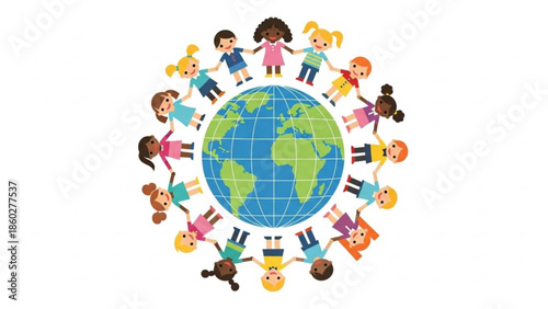 Diverse group of children holding hands around the Earth symbolizing global unity and friendship perfect for educational and international concepts