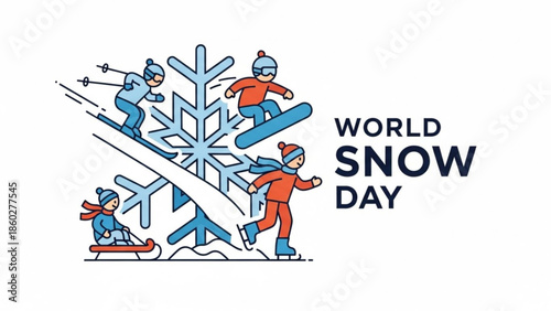 World Snow Day celebration with children skiing snowboarding sledding and ice skating around a large snowflake vector illustration for winter sports promotion