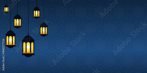 Elegant Ramadan lanterns hang against a dark blue patterned backdrop, creating a serene and festive Islamic holiday atmosphere. design modern.