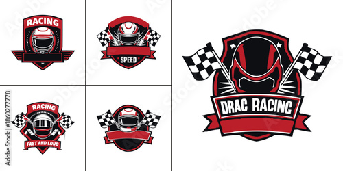 Collection of graphic design templates featuring racing helmets and checkered flags perfect for motorsport branding and apparel