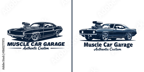 Two distinct logo designs featuring a powerful vintage muscle car with an exposed supercharger ready for automotive performance shops.