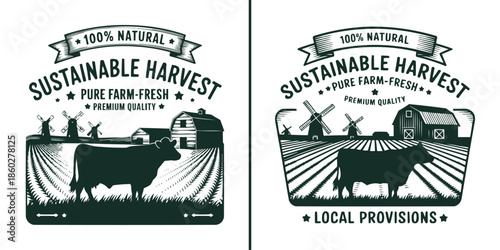 Set of two vintage agricultural logos featuring a cow silhouette amid rolling fields and traditional farm buildings with windmills.