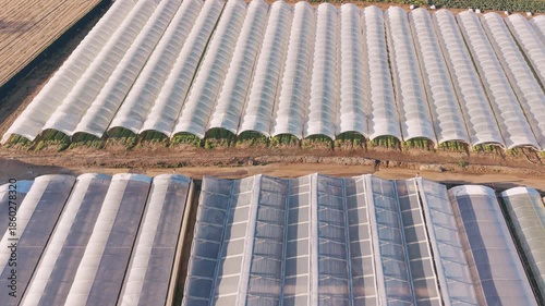 A greenhouse with many greenhouses in it. The greenhouse is white and the sky is blue. The sky is clear and the sun is shining