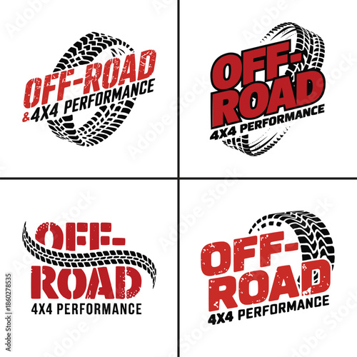 Collection of four distinct off road and 4x4 performance logo concepts featuring stylized tire tracks and bold typography.