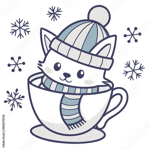 An adorable Sphynx cat with a Grumpy vibe, in a teacup, and a Frosty Winter Cozy winter theme – SVG style