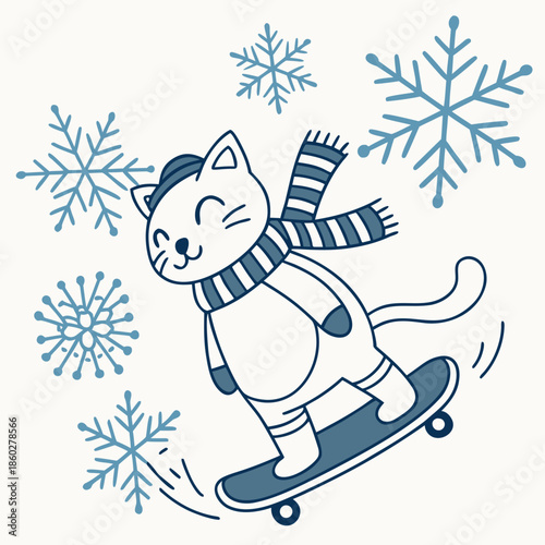 An adorable Sphynx cat with a Relaxed vibe, riding a skateboard, and a Frosty Winter Cozy winter theme – SVG style