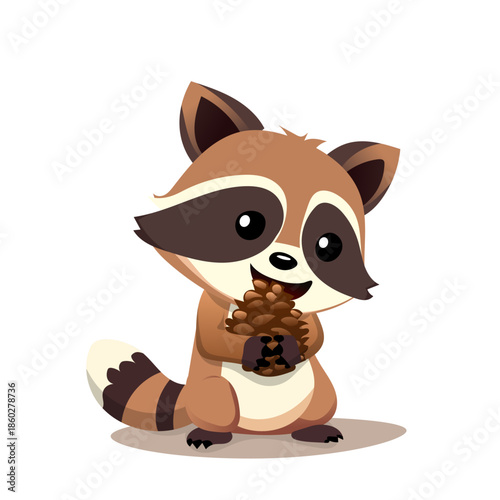 Adorable raccoon with a pine cone in his hands for your children's illustrations character without background