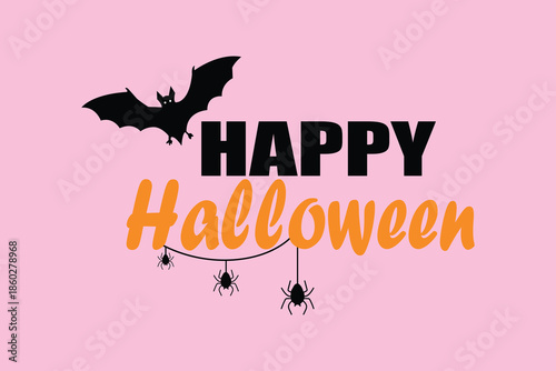 Happy Halloween text with a witch hat, bat, and spider, vector illustration, Background design