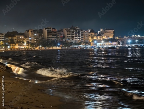 Dusk scenery with shimmering city lights and tranquil surf
