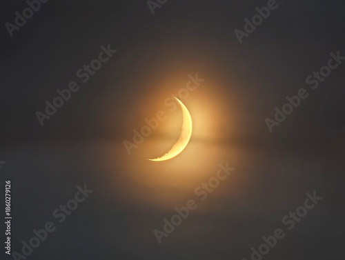 Nighttime celestial glow, Gentle amber halo illuminates misty