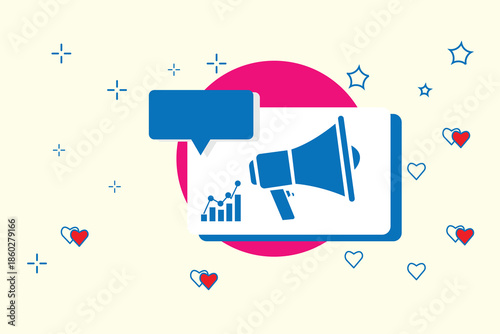 Illustration of a megaphone with a graph and a notification bubble showing likes, social media and symbolizing marketing engagement vector illustration ,yellow background design