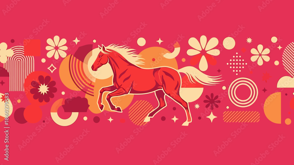 Fototapeta premium Majestic Red Horse Galloping Through Abstract Floral Patterns.