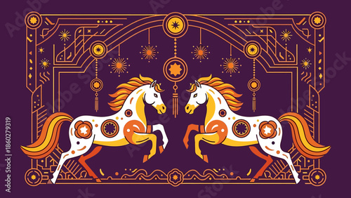 Two Majestic White Horses Facing Each Other Ornate Design.