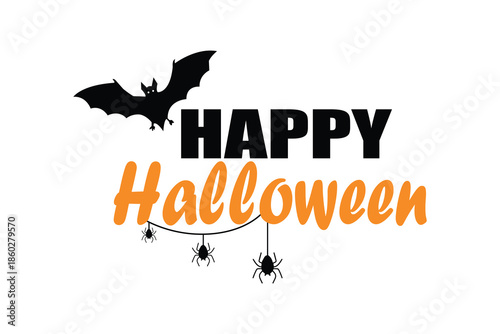 Happy Halloween text with a witch hat, bat, and spider, vector illustration, Background design art