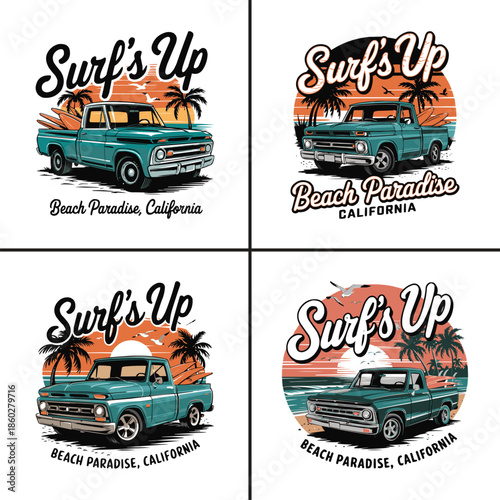 Collection of four vintage turquoise pickup trucks loaded with surfboards representing a cool beach paradise California lifestyle.