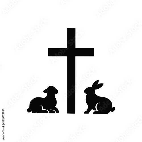 Easter symbols cross, lamb, and rabbit silhouette icon