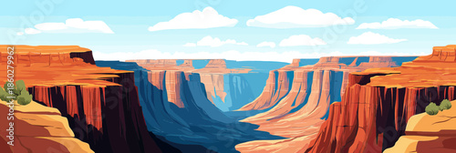 Grand Canyon panoramic landscape with deep canyon cliffs layered rock formations blue sky and clouds digital vector illustration in flat minimalist style