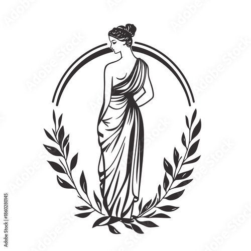 Minimalist black and white vector illustration of classical Greek or Roman goddess statue with laurel wreath and flowing draped robe design symbolizing mythology and elegance