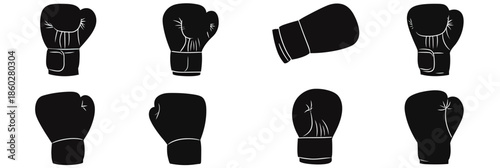 Set of eight black silhouette boxing gloves icons showing different angles and styles of protective sports equipment for martial arts and fighting training