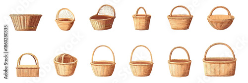 Set of twelve empty handcrafted wicker baskets with various shapes and handles, natural woven rattan texture collection for picnic storage and decoration in flat style vector illustration