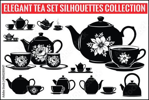Elegant Tea Set Silhouette Collection – Classic Teapot & Teacup Black Vector