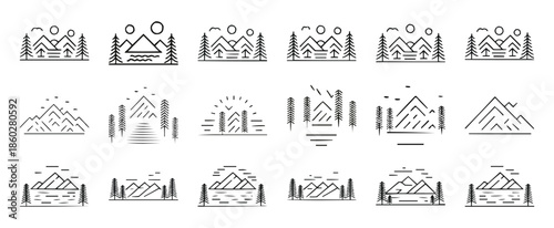 Collection of minimalist black and white line art icons depicting various mountain landscapes with trees and water scenes
