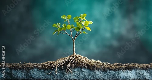 A small tree with visible roots grows in the soil against a dark background, showcasing nature's life cycle.