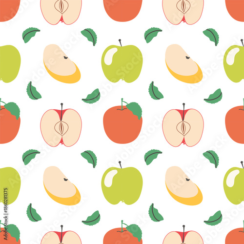 Apple doodle vector seamless pattern. Organic vitamins and healthy nutrition.Hand draw flat trendy style apple. Abstract repeated backgrounds. For paper, cover, fabric, gift wrap, wall art, interior.