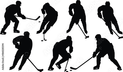 Ice hockey player silhouette, skating action, puck control, sports vector, dynamic pose, helmet, stick, black figure, athletic movement, winter game illustration