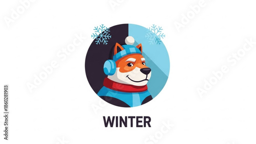 Cute Shiba Inu dog wearing winter hat and scarf cartoon illustration for seasonal design isolated on white background