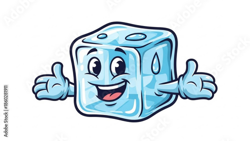 Happy cartoon ice cube character with arms and thumbs up isolated on white perfect for summer drinks and cooling concepts