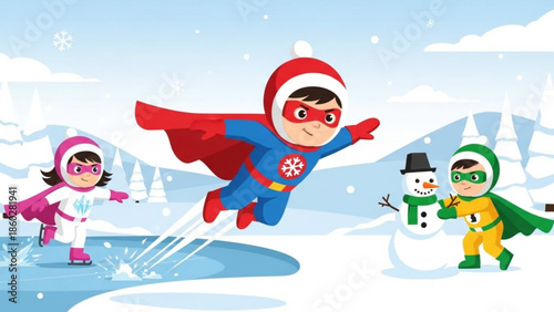 Children in superhero costumes playing in the snow ice skating and building a snowman winter fun and childhood concept vector illustration