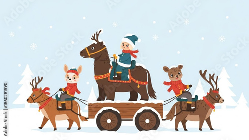 Christmas scene with a child riding a horse pulling a sleigh with reindeer and festive characters winter holiday illustration for greeting cards and decorations