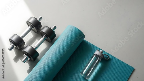 Fitness essentials for a healthy lifestyle with dumbbells and yoga mat